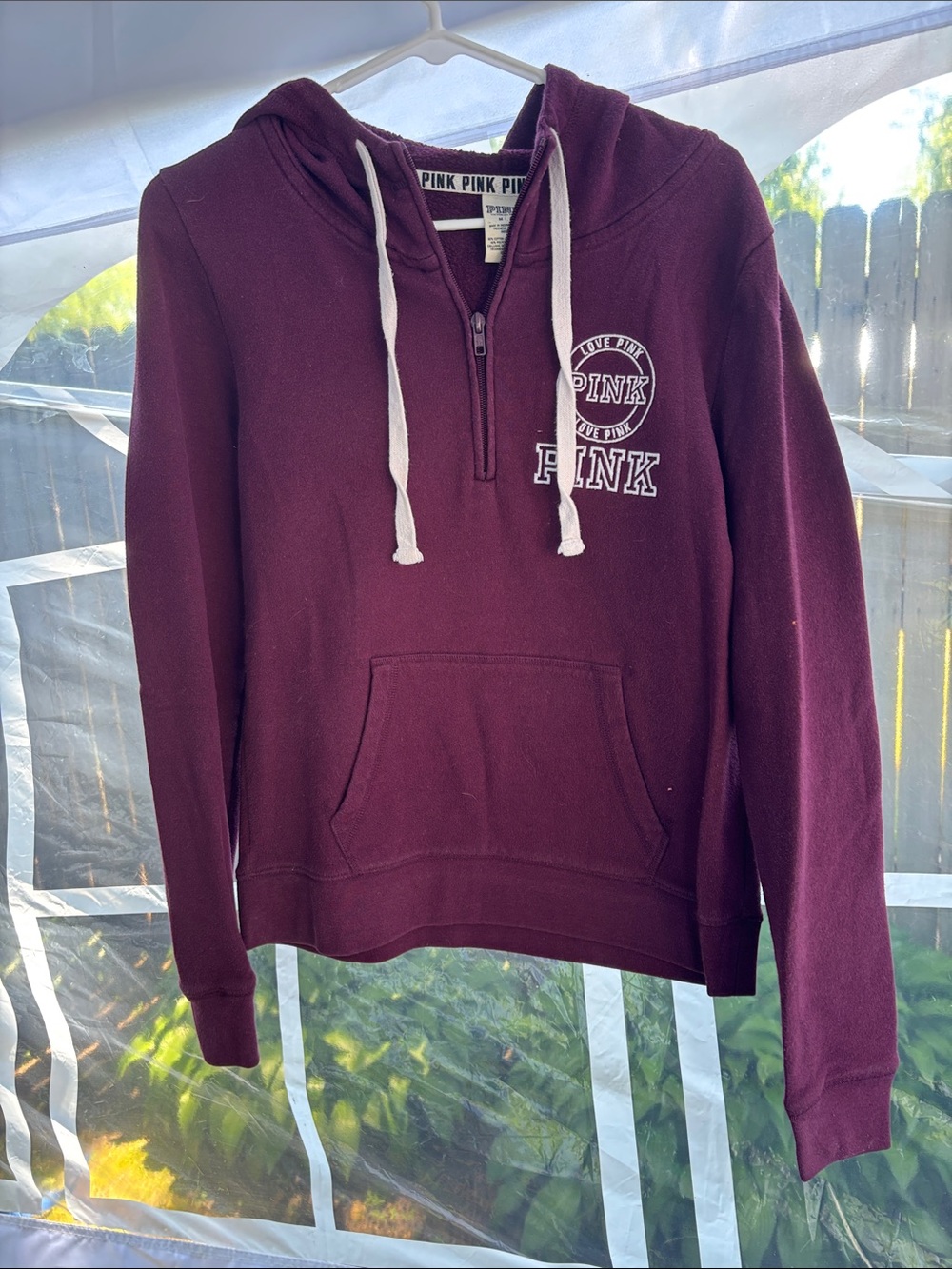 PINK Victoria's Secret Maroon Half-Zip Hoodie with White Drawstrings